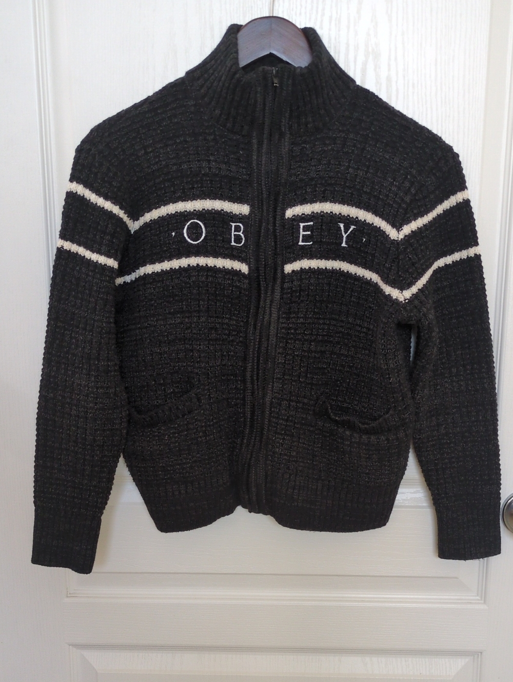 Obey Black Zip Sweater with Cream Stripes